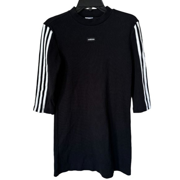 Adidas Stripe Ribbed‎ Sport Dress Black/White 3 Stripes 3/4 Sleeve Woman's Small - Picture 1 of 4